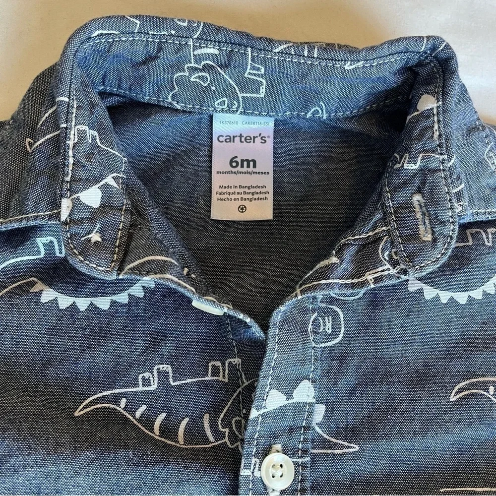 Carter’s Dinosaur Denim Style Button Up T Shirt Size 6 Months